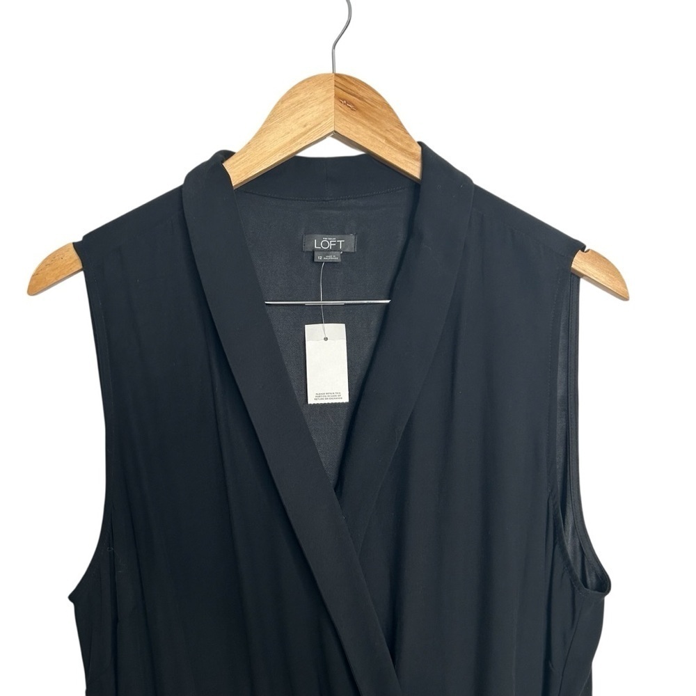 LOFT Black Tuxedo Lapel Elastic Waist Stretch Sleeveless Belted Jumpsuit Sz 12 - Picture 4 of 9